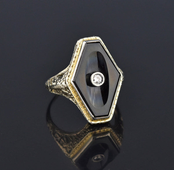 Art Deco 18K White Gold Diamond Black Onyx Ring - Boylerpf