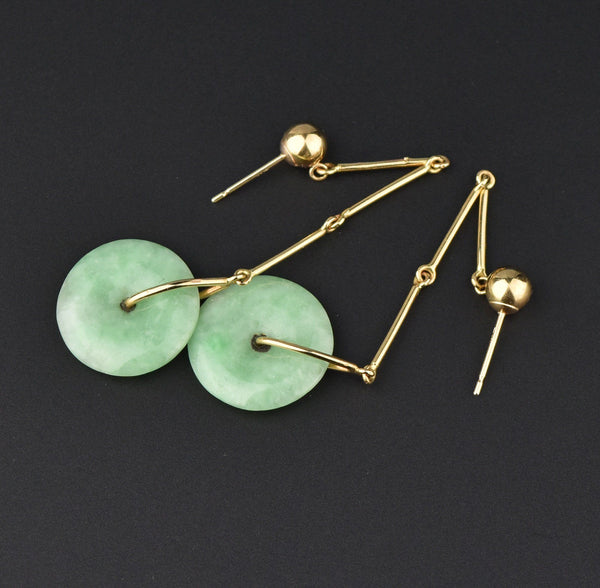 VIntage 14K Jade Disc Long Dangle Earrings, 2 1/3 in. - Boylerpf