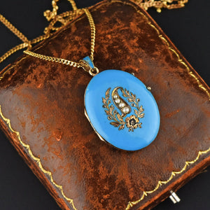 Victorian Blue Enamel Pearl 12K Gold Locket Necklace - Boylerpf