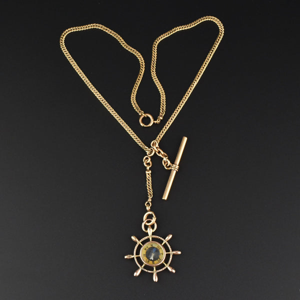 Antique Gold Ship Wheel Compass Watch Chain Necklace - Boylerpf
