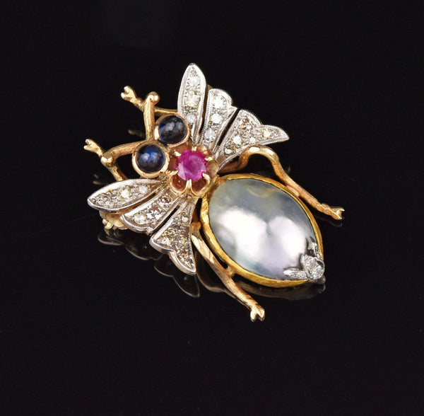 Diamond Sapphire Ruby Mabe Pearl Insect Brooch, 14K Gold - Boylerpf