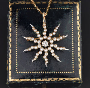 Pearl Diamond Starburst Gold Platinum Brooch Pendant - Boylerpf