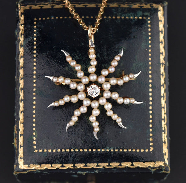 Pearl Diamond Starburst Gold Platinum Brooch Pendant - Boylerpf