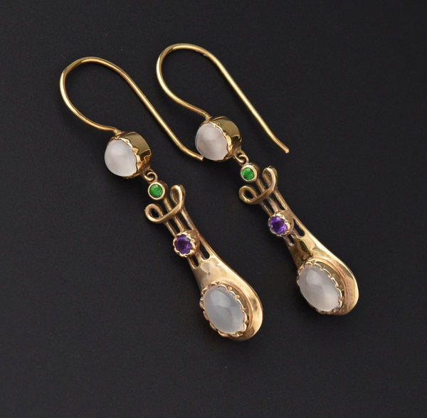 Suffragette 15K Gold Earrings, Moonstone Amethyst Demantoid Garnet - Boylerpf