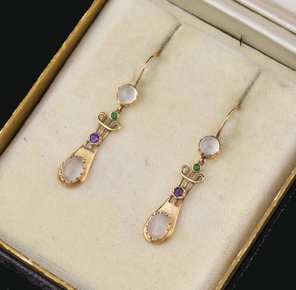 Suffragette 15K Gold Earrings, Moonstone Amethyst Demantoid Garnet - Boylerpf
