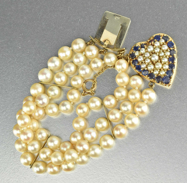 Mid Century Sapphire & Pearl 14K Gold Heart Bracelet - Boylerpf