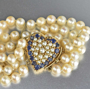 Mid Century Sapphire & Pearl 14K Gold Heart Bracelet - Boylerpf