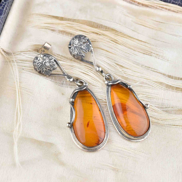 Vintage Silver Baltic Amber Dangle Earrings - Boylerpf