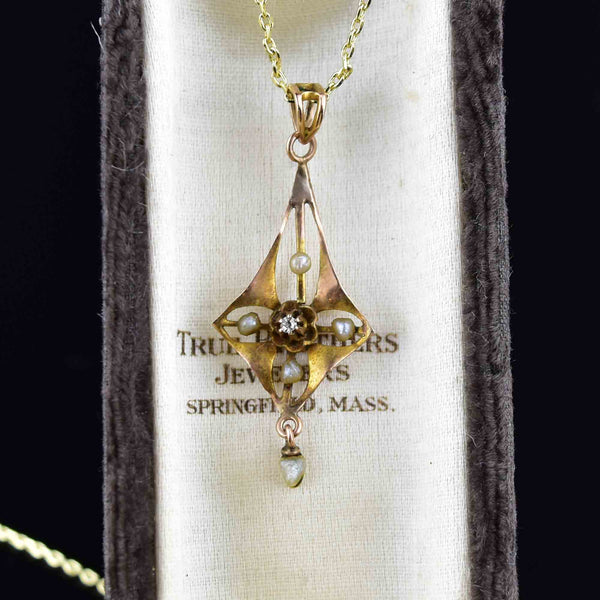 Antique Edwardian 10K Gold Diamond Pearl Lavalier Necklace - Boylerpf