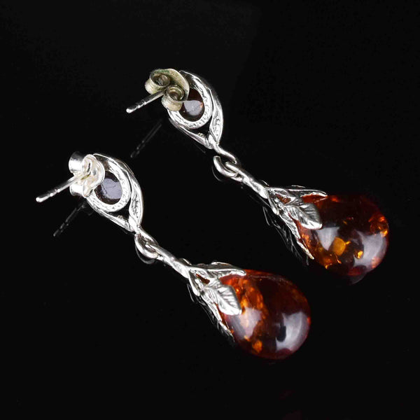 Arts and Crafts Style Silver Baltic Amber Drop Earrings - Boylerpf