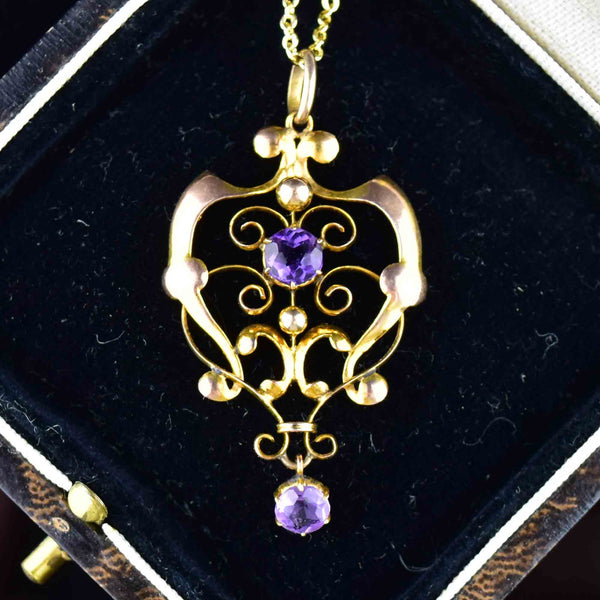 Edwardian Gold Amethyst Lavaliere Pendant Necklace - Boylerpf