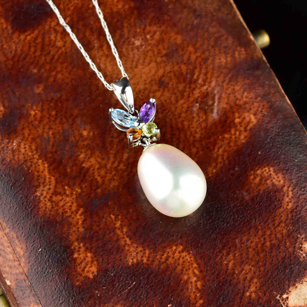18K White Gold Pearl Multi Gemstone Butterfly Pendant - Boylerpf