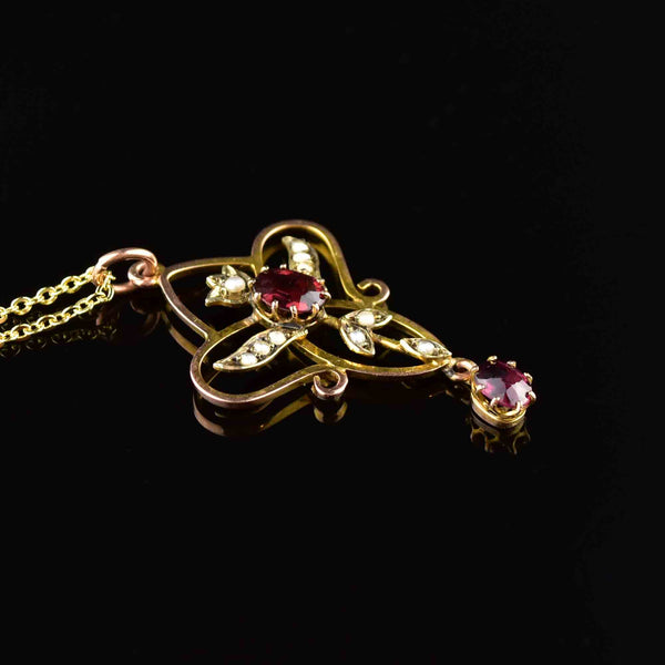 Antique Edwardian Garnet Seed Pearl Pendant Necklace - Boylerpf