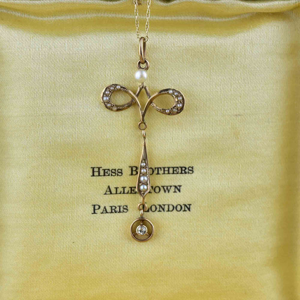 Antique 10K Gold Diamond Pearl Lavaliere Necklace - Boylerpf