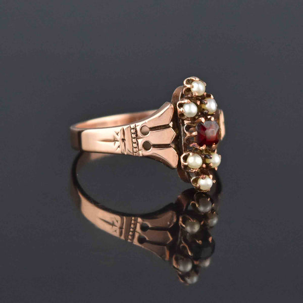 Antique Victorian Rose Gold Pearl Garnet Ring, Sz 6 - Boylerpf