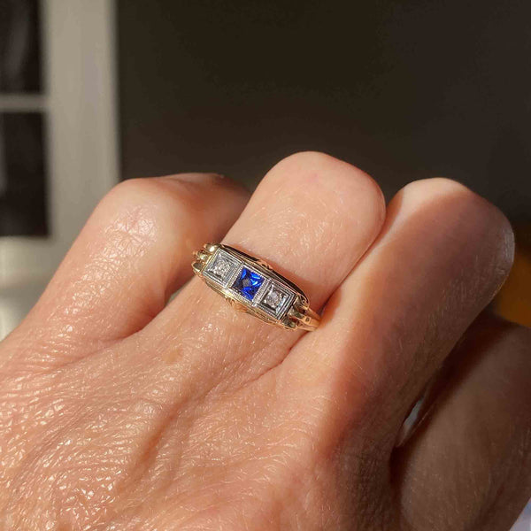 Art Deco 14K Gold Diamond Sapphire Ring - Boylerpf