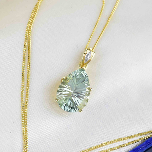 Vintage 10K Gold Pear Fancy Cut Prasiolite Pendant Necklace - Boylerpf