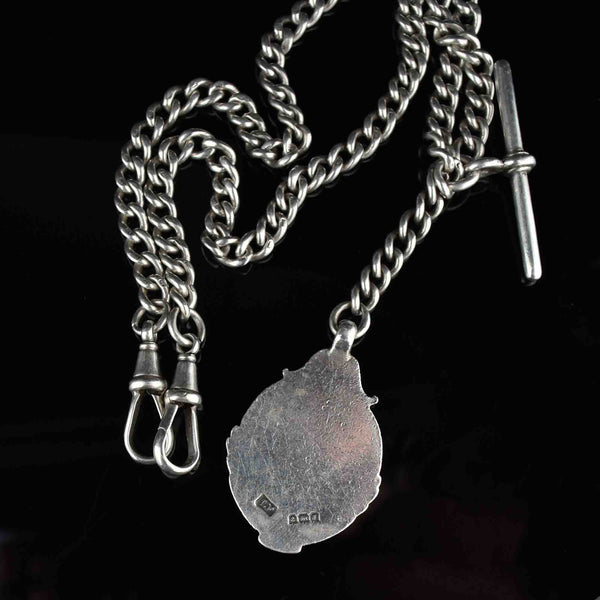 Edwardian English Silver Shield Medallion Watch Chain Necklace - Boylerpf