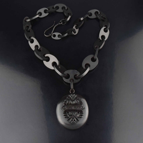Antique Victorian Gutta Percha Locket Necklace, Forget Me Not - Boylerpf