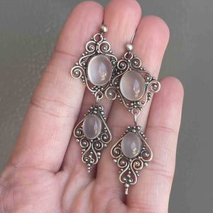 Vintage Moonstone Cabochon Silver Drop Earrings - Boylerpf