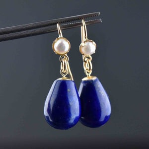 Vintage Gold Lapis Lazuli Pearl Dangle Drop Earrings - Boylerpf