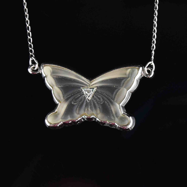 Silver Rock Crystal Diamond Butterfly Pendant Necklace - Boylerpf