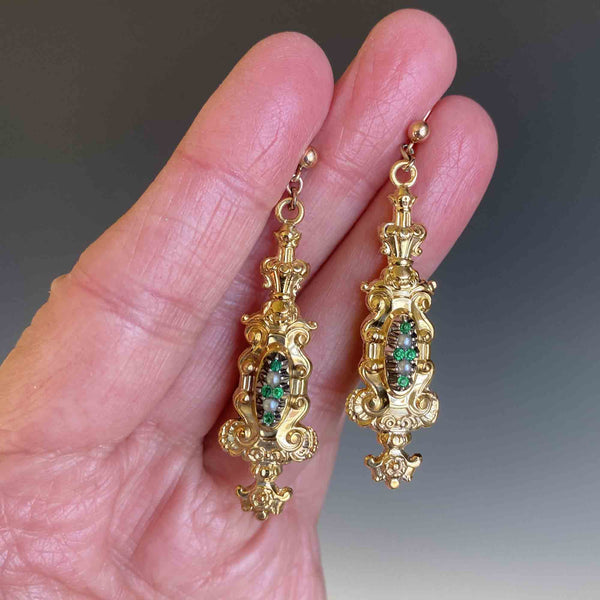 Victorian 18K Gold Emerald Paste Pearl Earrings, Regency Style - Boylerpf