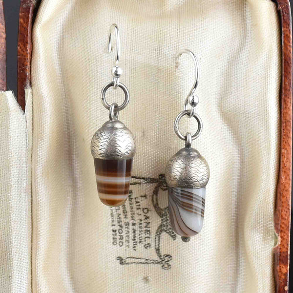 Vintage Silver Agate Acorn Drop Earrings - Boylerpf