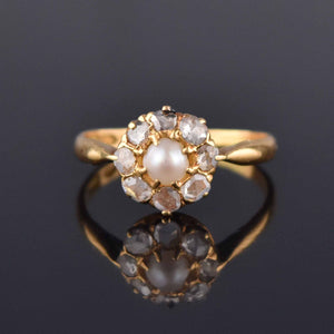 Antique Rose Cut Diamond Halo Pearl Ring in 18K Gold - Boylerpf