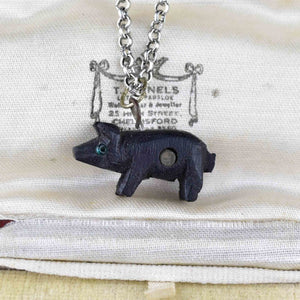 Victorian Irish Bog Oak Pig Stanhope Charm Necklace - Boylerpf