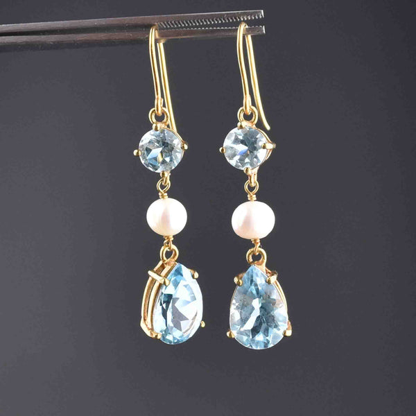 Vintage Gold Pearl Blue Topaz Dangle Earrings - Boylerpf