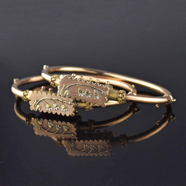 Pair Antique Etruscan Rose Gold Wedding Bangles, Lily of the Valley - Boylerpf