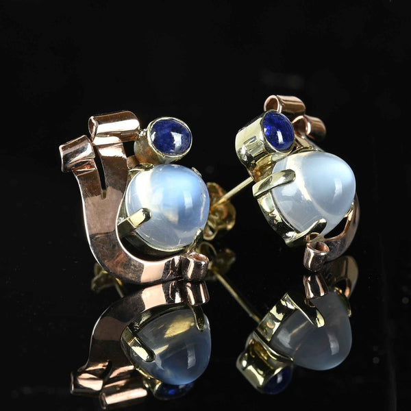 Retro 1940s Moonstone & Sapphire Earrings in 14K Gold - Boylerpf