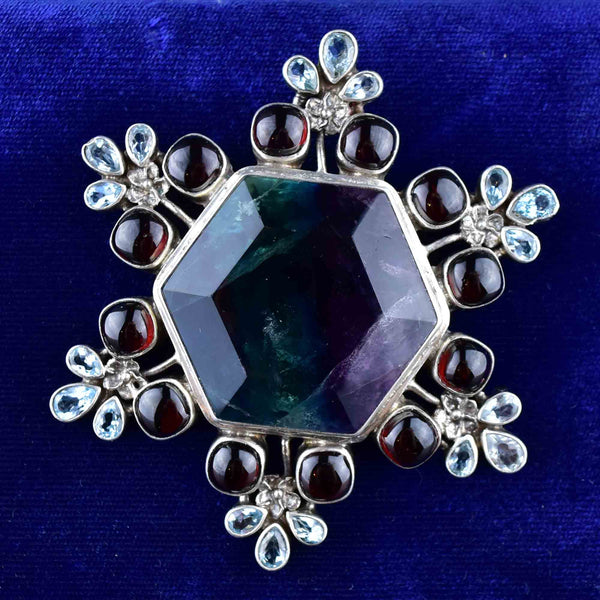 Silver Fluorite Garnet Topaz Snowflake Brooch Pendant Necklace - Boylerpf