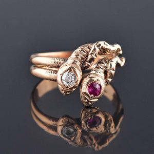 Victorian Rose Gold European Cut Diamond Ruby Snake Ring - Boylerpf