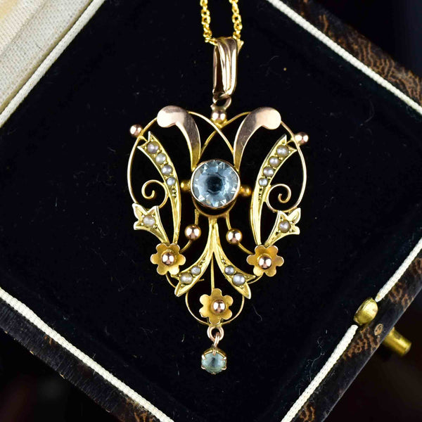 Edwardian Gold Aquamarine Lavaliere Pendant Necklace - Boylerpf