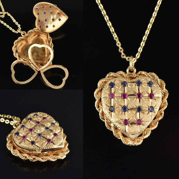 Ruby Heart Locket Heavy 14K Gold Sapphire Ruby Heart Locket, Fold Out – Boylerpf