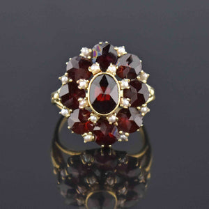 1930s Pearl Rose Cut Garnet Cluster 14K Gold Ring - Boylerpf