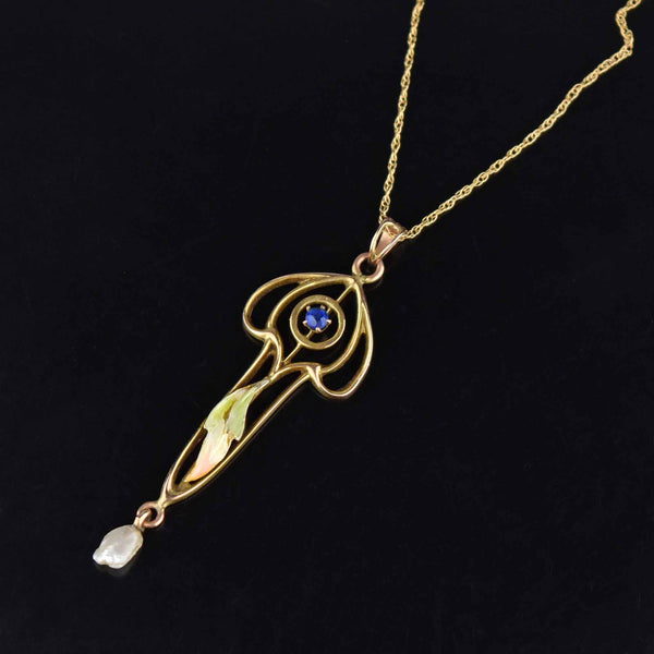 Art Nouveau Enamel Leaf Lavaliere Blue Spinel Necklace - Boylerpf