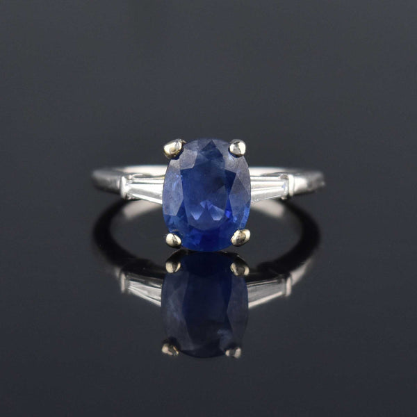 Estate Platinum Natural Sapphire Baguette Diamond Ring - Boylerpf