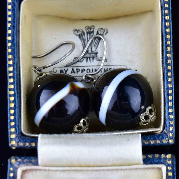 Antique Victorian Banded Agate Ball Earrings - Boylerpf