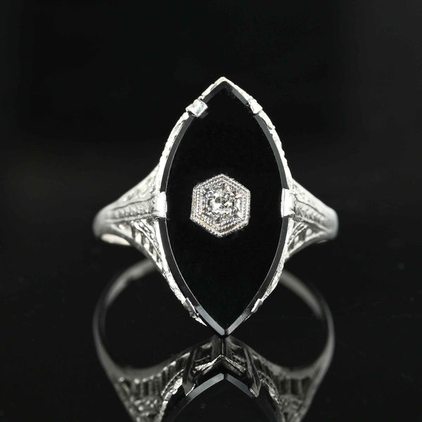 Art Deco Diamond Onyx Ring in 14K White Gold - Boylerpf