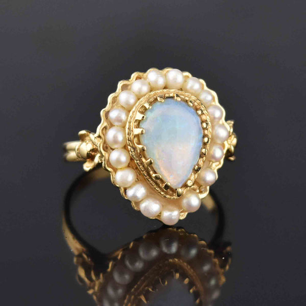 Vintage 14K Gold Pearl Halo Pear Cabochon Opal Ring - Boylerpf