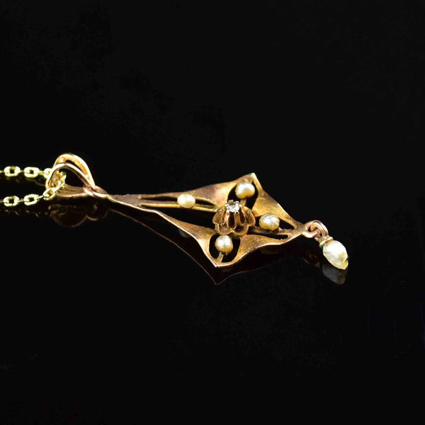 Antique Edwardian 10K Gold Diamond Pearl Lavalier Necklace - Boylerpf