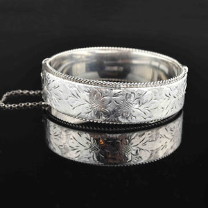 Vintage Floral Engraved Silver Bangle Bracelet - Boylerpf
