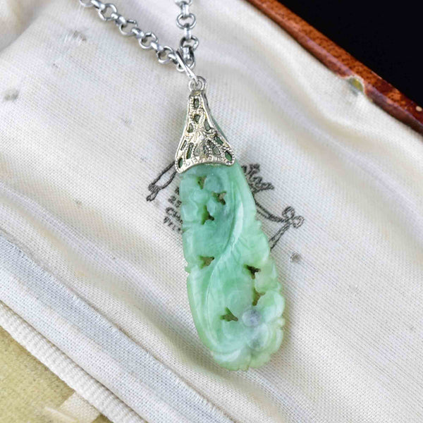 Vintage Carved Silver Jade Pendant Necklace - Boylerpf