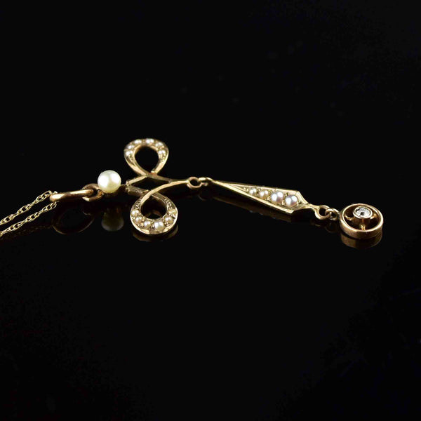 Antique 10K Gold Diamond Pearl Lavaliere Necklace - Boylerpf