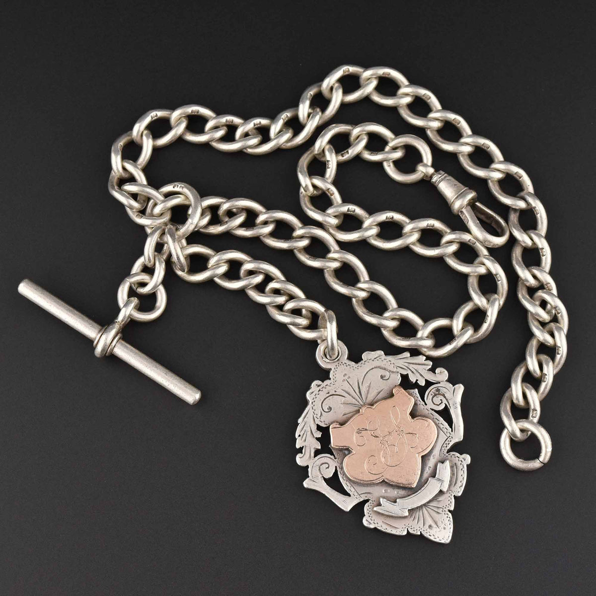 Heavy Edwardian Silver Albert Watch Chain Necklace & Fob 70.7 gm – Boylerpf