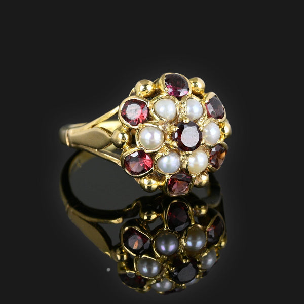 Vintage Gold Pearl Garnet Cluster Ring, Princess Style - Boylerpf