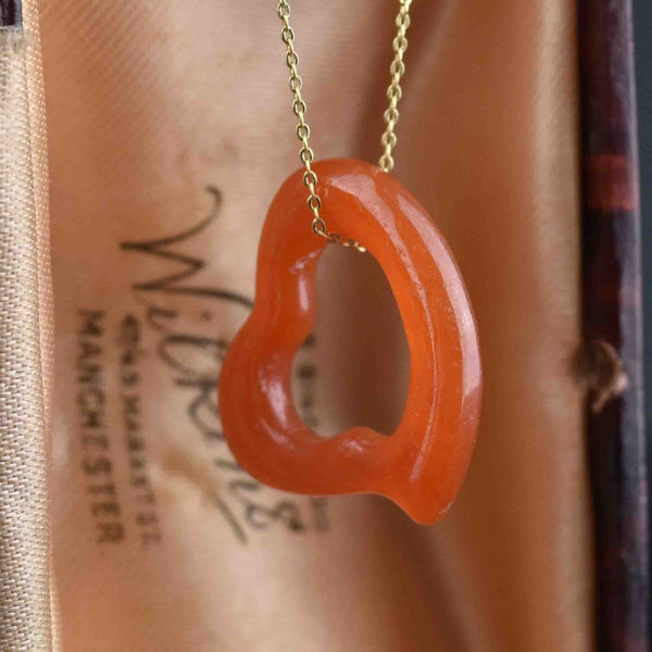 Vintage Orange Jade Witches Heart Pendant Necklace - Boylerpf